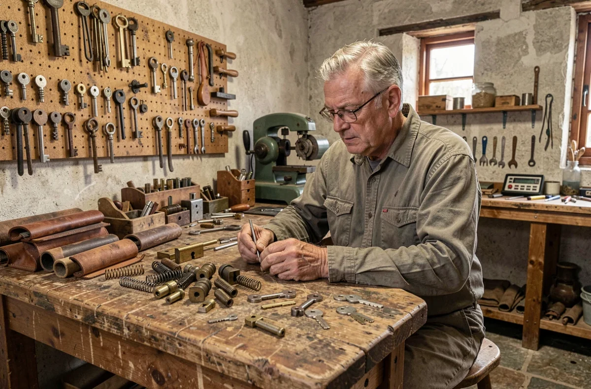 Un artisan serrurier d'Abaziou Serrurerie travaille à son établi dans un atelier traditionnel du Finistère