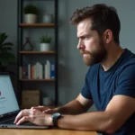 Un homme frustré devant un message de blocage d'accès à un site web sur son ordinateur portable