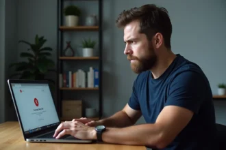 Un homme frustré devant un message de blocage d'accès à un site web sur son ordinateur portable