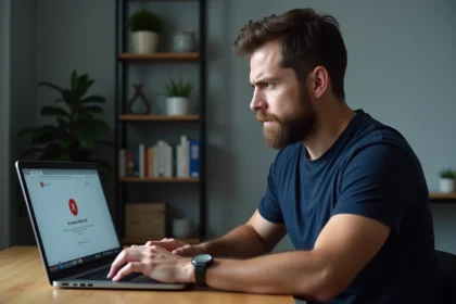 Un homme frustré devant un message de blocage d'accès à un site web sur son ordinateur portable