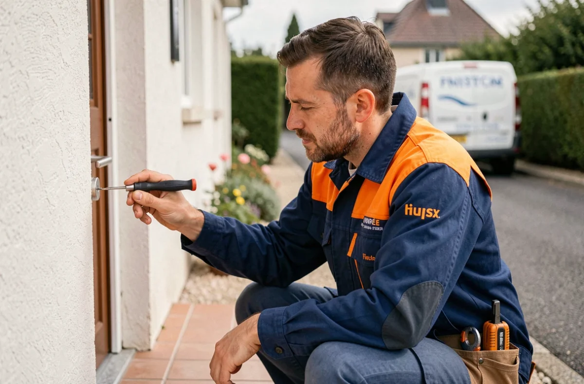 Un technicien serrurier d'Acces Depannage ouvre une porte résidentielle avec des outils de crochetage professionnels dans le Finistère