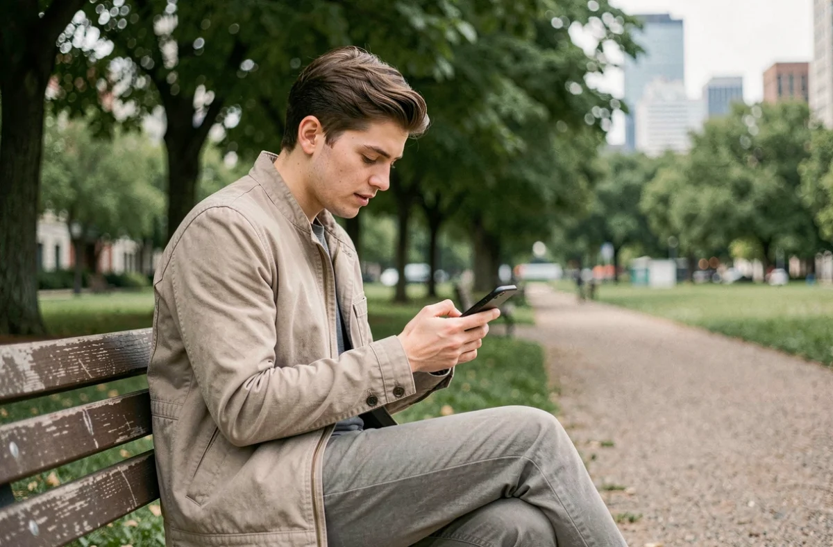 Personne consultant son smartphone sur un banc de parc pour accéder à des sites sans restriction sur mobile