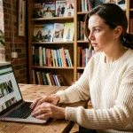 Femme belge consultant un site d'abonnement au magazine Garan Cedore sur son ordinateur portable depuis son bureau à domicile