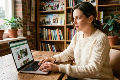Femme belge consultant un site d'abonnement au magazine Garan Cedore sur son ordinateur portable depuis son bureau à domicile