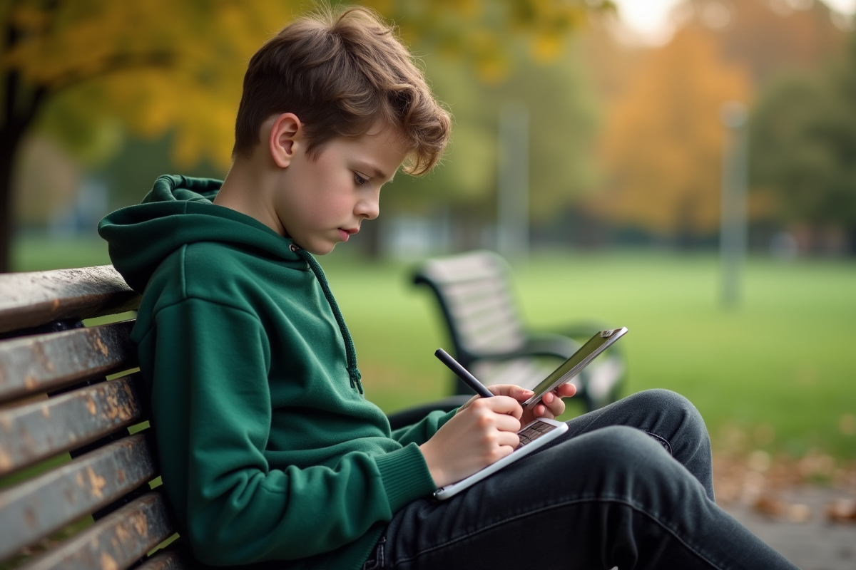 Adolescent dessinant sur un iPad Mini dans un parc
