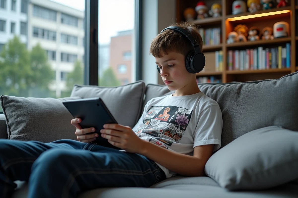 Adolescent regardant manga sur une tablette dans le salon