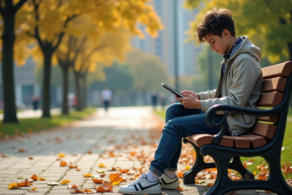 Adolescent lisant manga sur tablette dans un parc