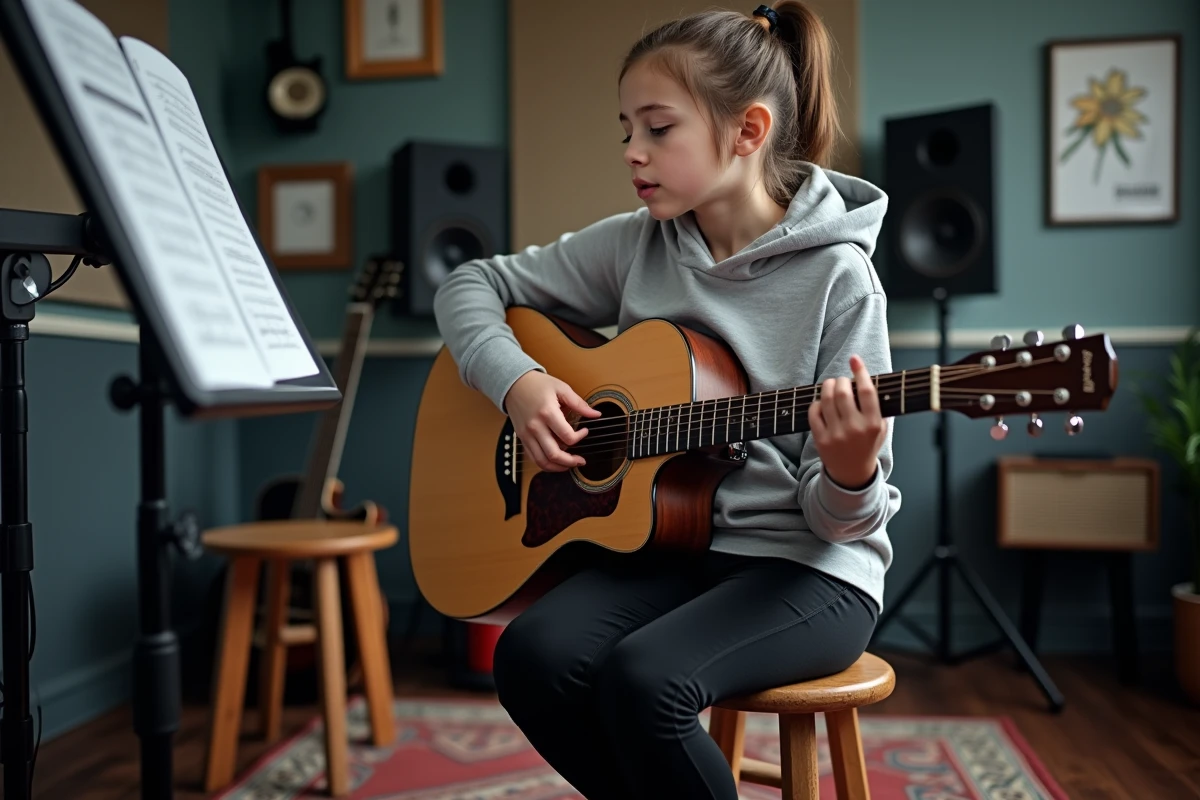 Adolescente apprenant les accords de guitare acoustique dans un studio de musique, lisant une partition sur un pupitre