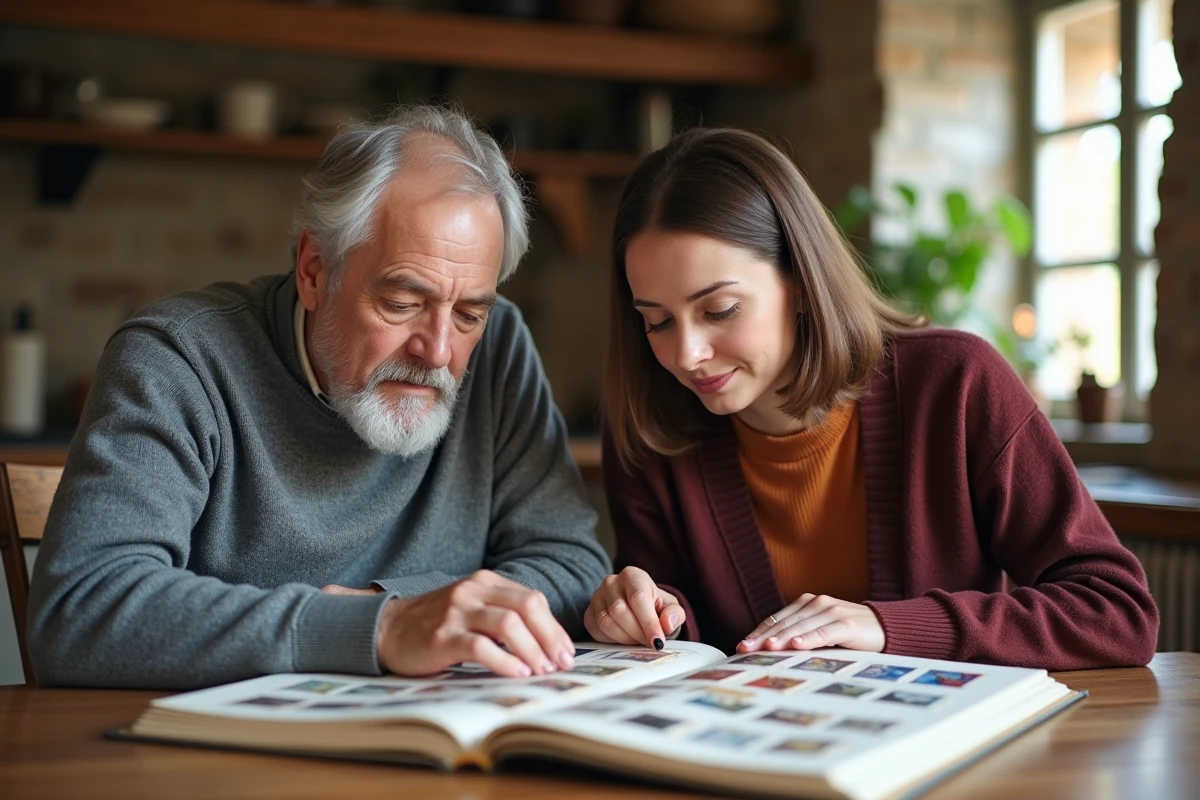 Un père et sa fille adulte consultent ensemble un album de timbres rares hérité en famille, discutant de sa valeur et de sa préservation