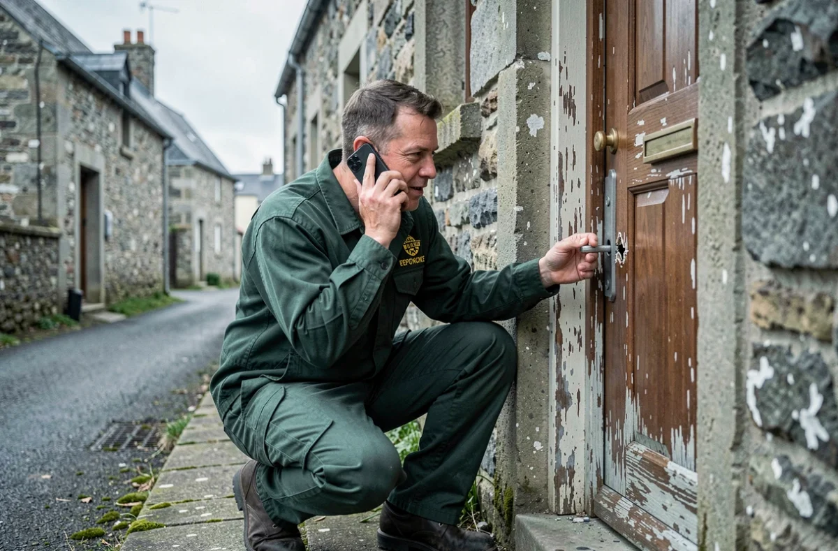 Un serrurier d'Allô Depan'Vite en intervention d'urgence examine une serrure défectueuse sur une porte bretonne dans un village du Finistère