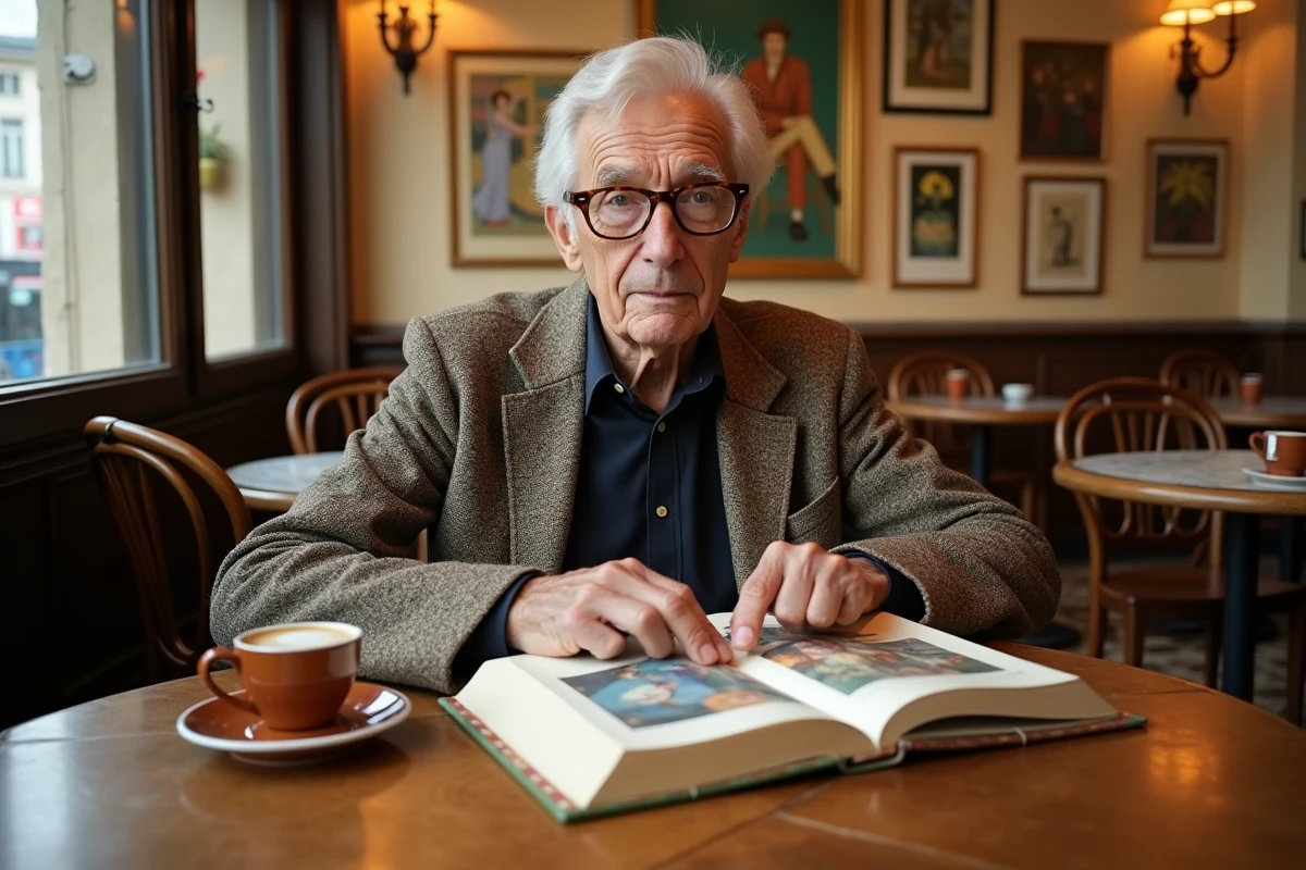 Homme âgé consultant un livre sur les peintres français du 20ème siècle dans un café parisien