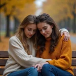 Deux amies qui se réconcilient avec une étreinte sincère et émouvante sur un banc de parc en automne