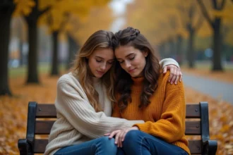 Deux amies qui se réconcilient avec une étreinte sincère et émouvante sur un banc de parc en automne