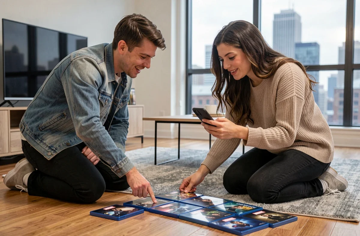 Deux amis classant les films Spider-Man Tom Holland dans l'ordre chronologique devant leur télévision