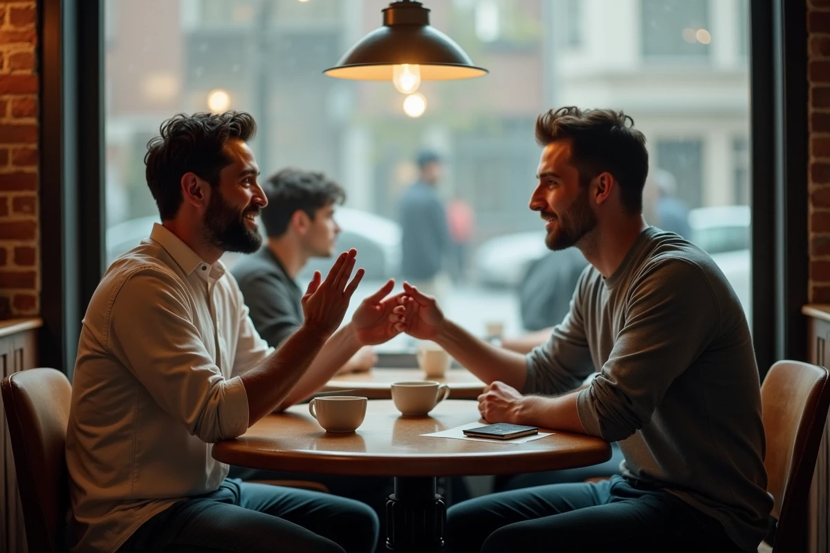 Deux amis qui se réconcilient autour d'un café avec un geste sincère de réconciliation et une note écrite à la main