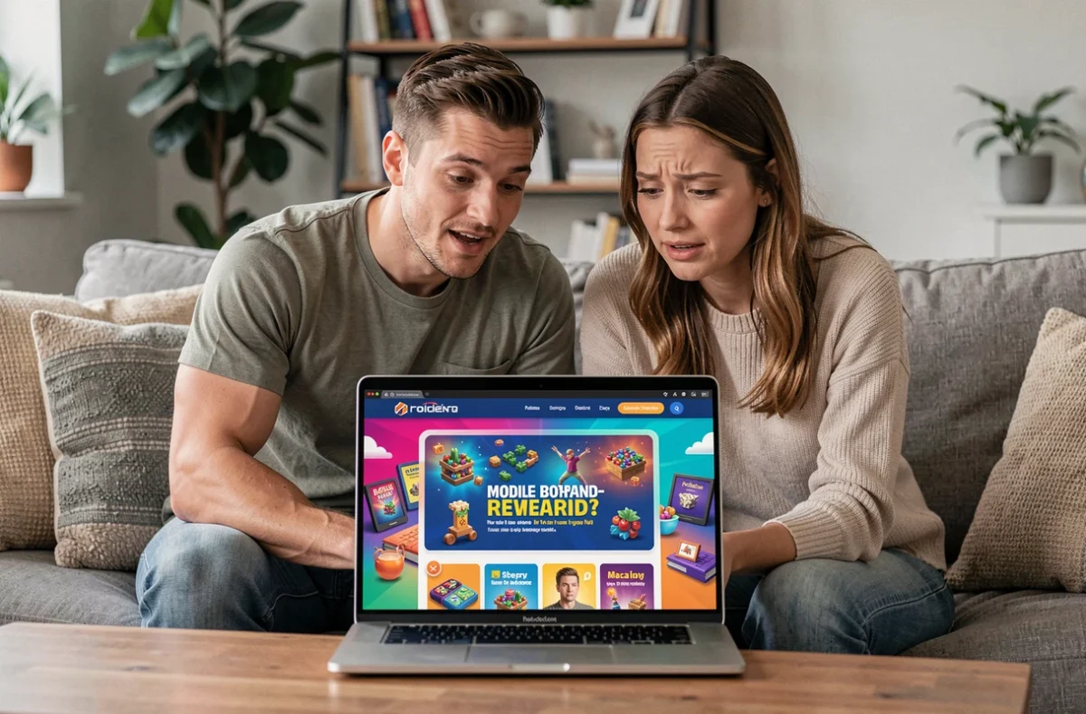 Deux amis hésitants devant un site de récompenses tiers pour Monopoly Go sur un ordinateur portable dans un salon