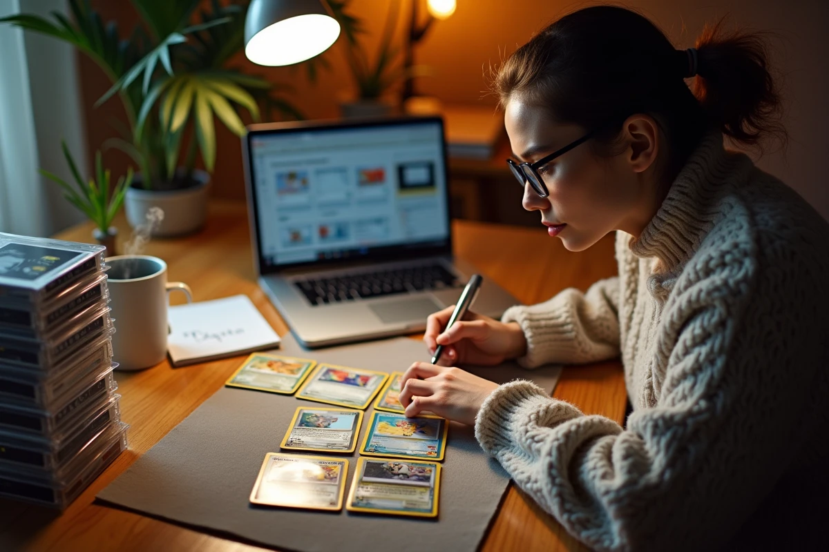 Collectionneuse analysant des cartes Pokémon rares avec une loupe sur un bureau organisé avec des cartes gradées et un ordinateur affichant des cotes de collection