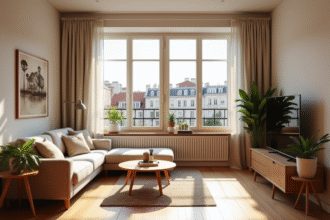 Intérieur d'un appartement cosy et lumineux avec vue sur une ville française
