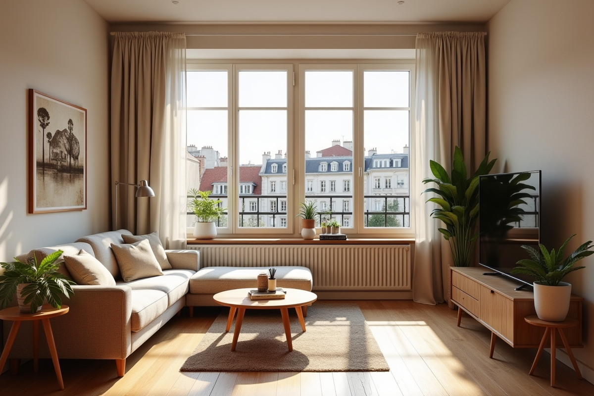Intérieur d'un appartement cosy et lumineux avec vue sur une ville française