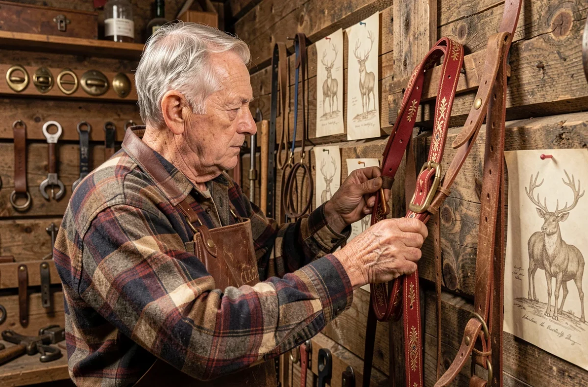 Artisan âgé assemblant un harnais de traîneau traditionnel dans un atelier de folklore hivernal