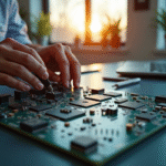 Espace de travail moderne avec mains assemblant une carte microcontroleur