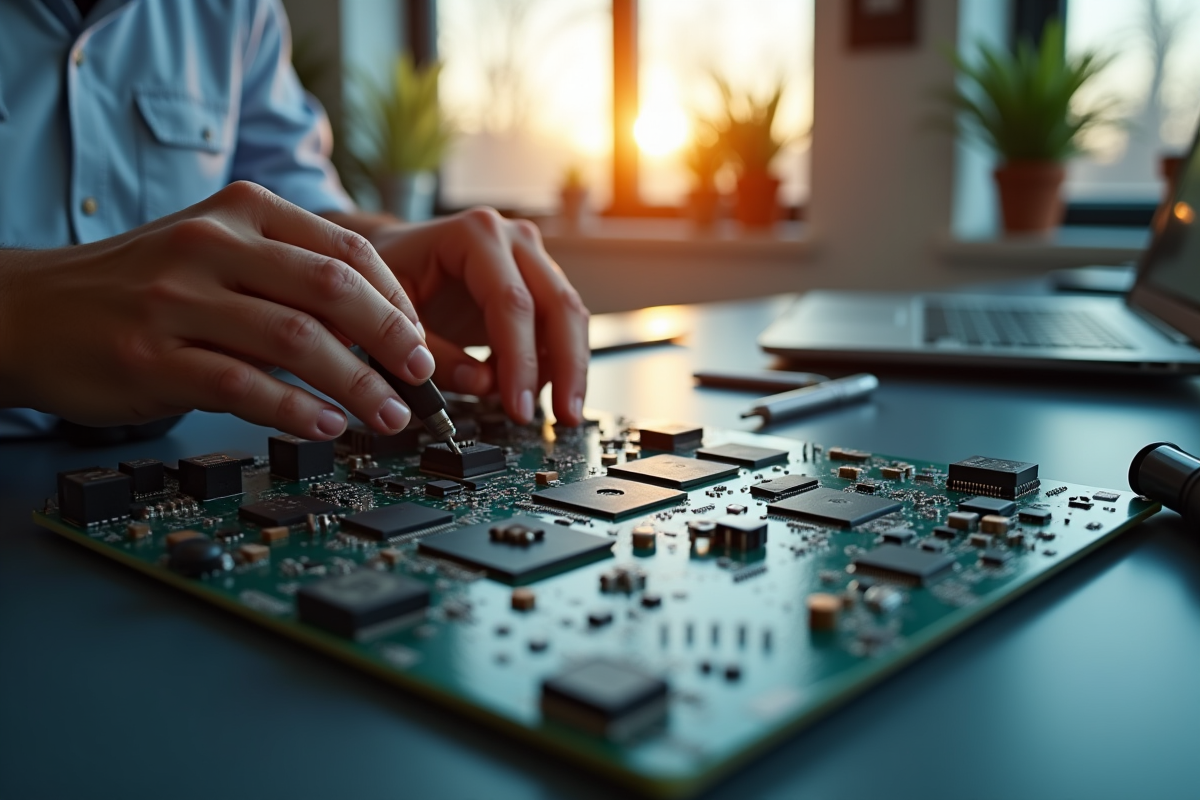 Espace de travail moderne avec mains assemblant une carte microcontroleur