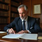 Avocat consultant un contrat en droit civil dans un cabinet juridique traditionnel, illustrant la caducité des contrats en chaîne selon le code civil