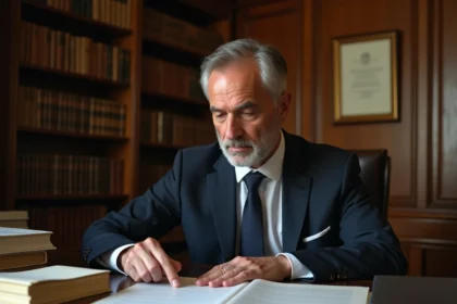 Avocat consultant un contrat en droit civil dans un cabinet juridique traditionnel, illustrant la caducité des contrats en chaîne selon le code civil