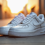 Chaussures Air Force 1 blanches sur sol urbain en lumière dorée