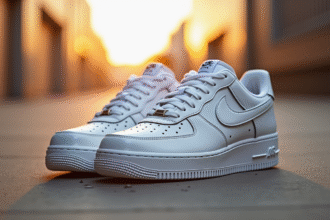 Chaussures Air Force 1 blanches sur sol urbain en lumière dorée