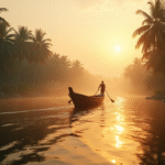 Bateau en bois sur le Mekong au lever du soleil