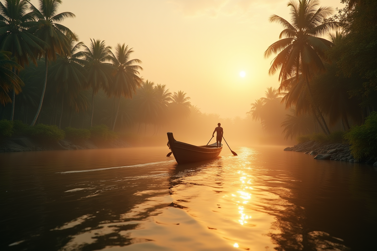 Bateau en bois sur le Mekong au lever du soleil