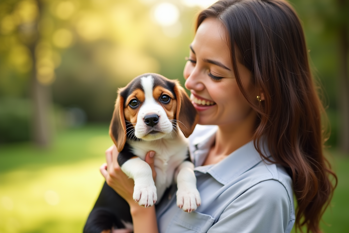 Bebe beagle tenu par une femme dans un jardin ensoleille