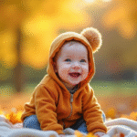 Bébé souriant en automne dans un parc avec feuilles colorées