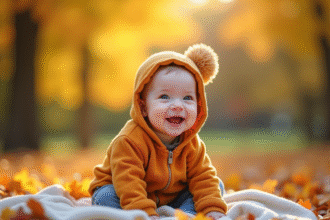 Bébé souriant en automne dans un parc avec feuilles colorées