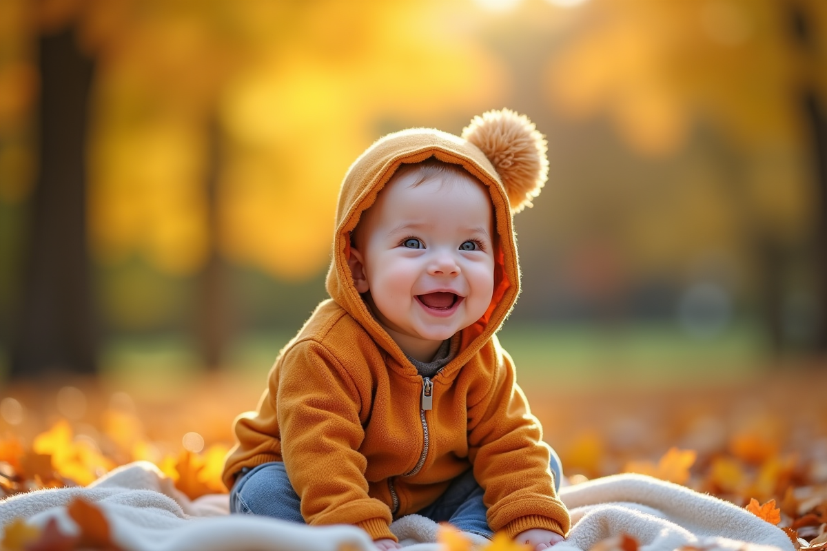 Bébé souriant en automne dans un parc avec feuilles colorées