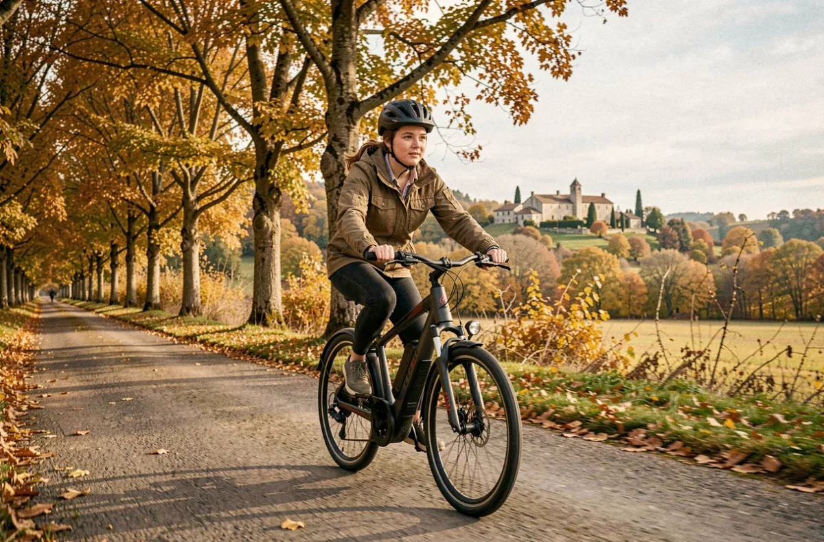 Femme faisant une location de vélo électrique avec Bike Bus dans le Périgord Noir