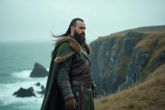 Guerrier viking en costume médiéval authentique se tenant debout sur une falaise rocheuse surplombant la mer, évoquant le personnage de Bjorn dans la série Vikings