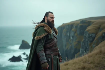 Guerrier viking en costume médiéval authentique se tenant debout sur une falaise rocheuse surplombant la mer, évoquant le personnage de Bjorn dans la série Vikings