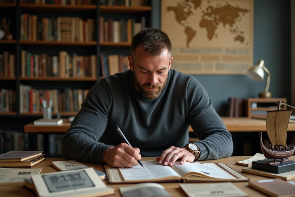 Passionné de la série Vikings étudiant des livres de mythologie nordique et des documents sur le personnage de Bjorn dans un bureau à domicile