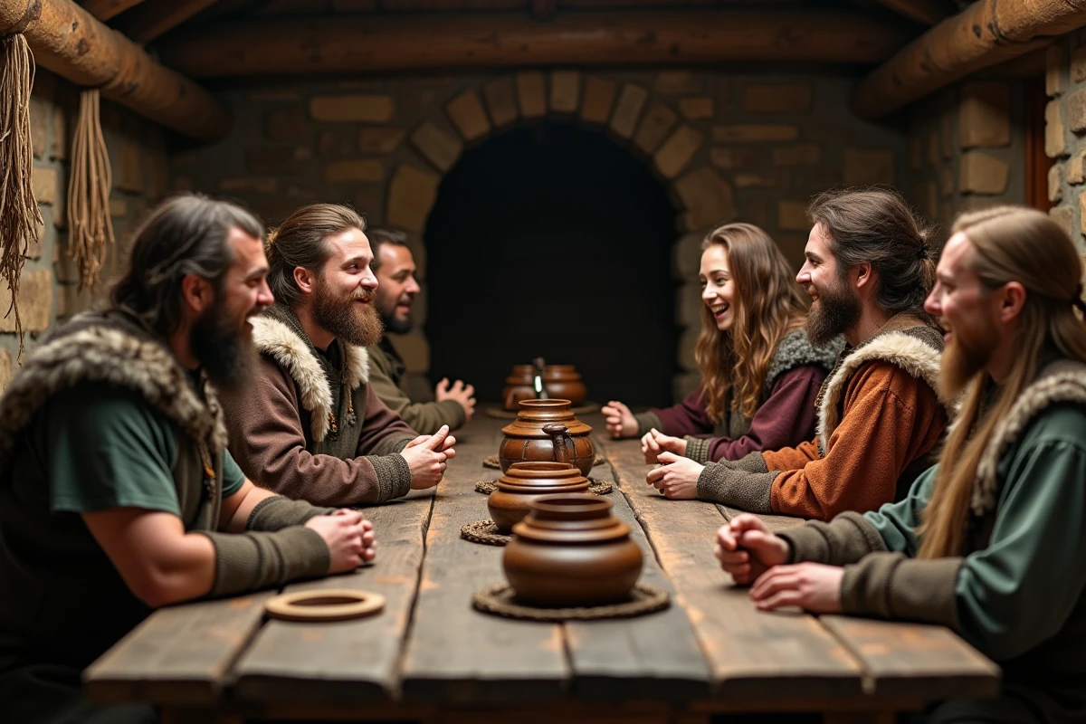 Groupe de personnages en costumes vikings authentiques réunis autour d'une table en bois dans une salle de banquet médiévale nordique, illustrant l'univers de la série Vikings
