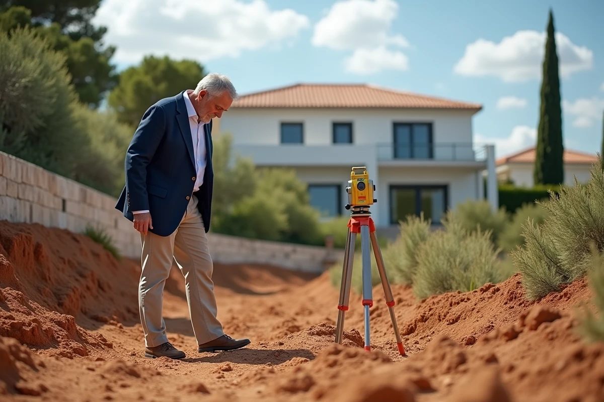 Promoteur immobilier inspectant une borne de délimitation de terrain sur un chantier de la Côte d'Azur