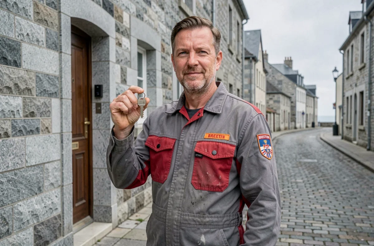 Un serrurier de Breizh Depannage tenant une clé fraîchement taillée devant un bâtiment en granit breton à Brest