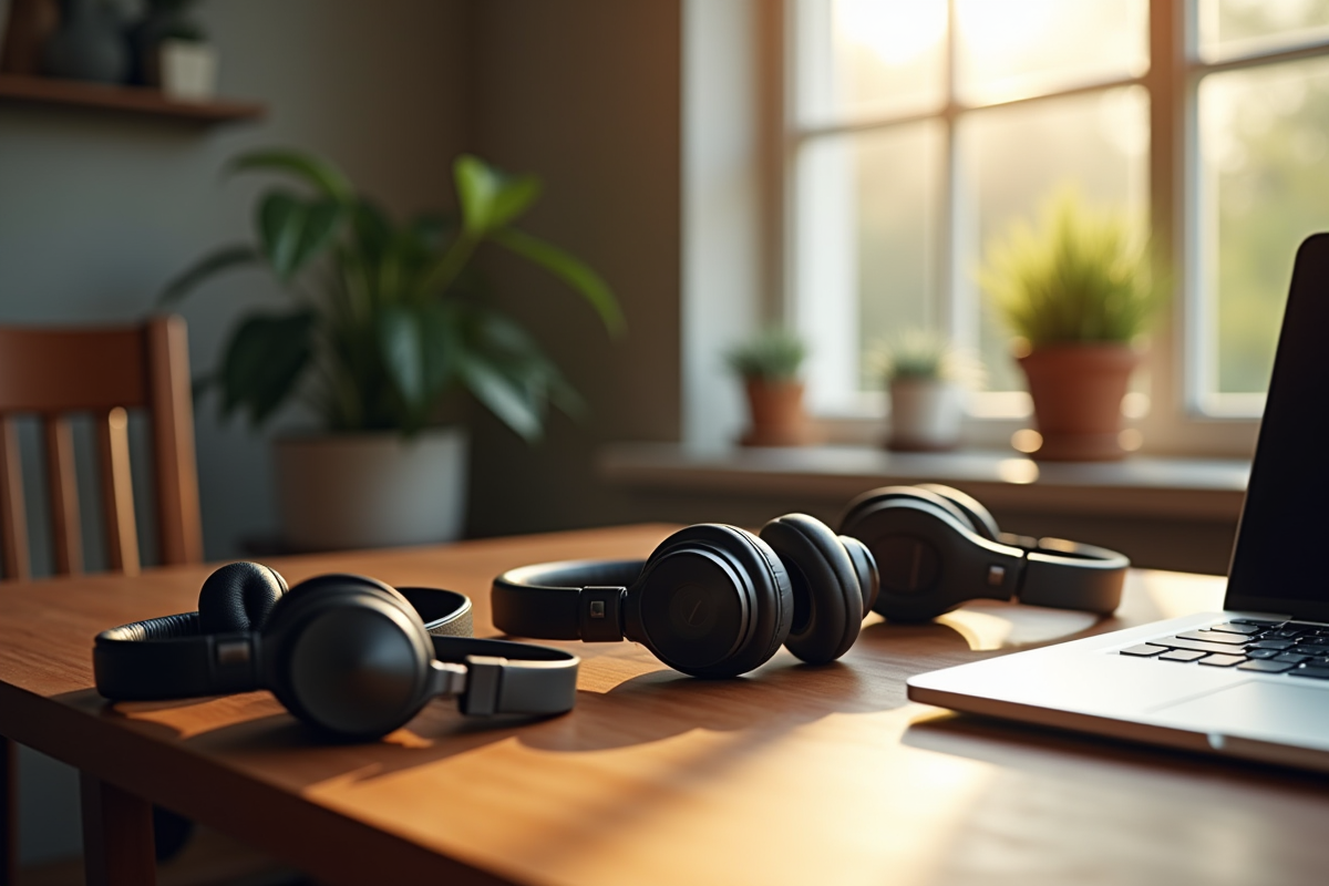 Espace de travail moderne avec des ecouteurs sur un bureau en bois