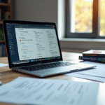 Espace de travail moderne avec ordinateur et documents de traduction