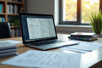 Espace de travail moderne avec ordinateur et documents de traduction