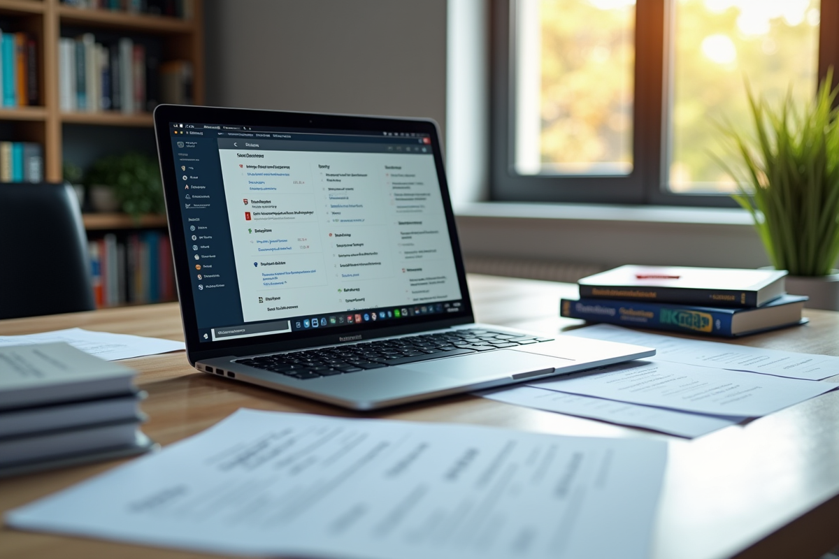 Espace de travail moderne avec ordinateur et documents de traduction