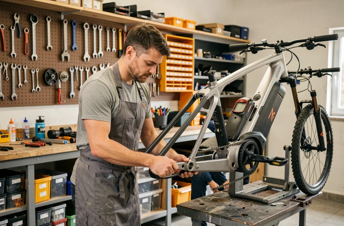 Mécanicien assemblant un vélo électrique dans l'atelier de C du Cycle à Bordeaux Métropole
