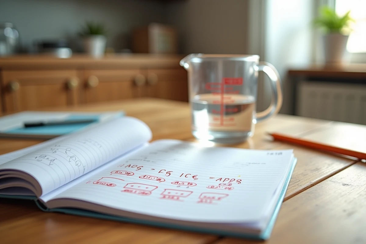 Cahier d'exercices ouvert avec erreurs corrigées sur la conversion litres centilitres posé sur une table avec un verre doseur