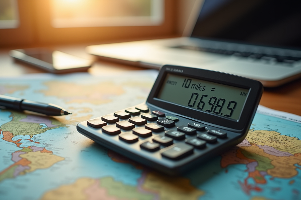 Calculatrice affichant miles et kilometres sur une table en bois